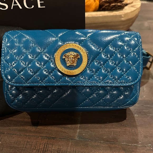 Versace Blue Quilted Clutch with Gold Medusa Medallion - Picture 2 of 9